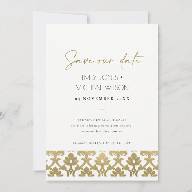 CLASSIC GOLD DAMASK FLORAL PATTERN SAVE THE DATE (Front)