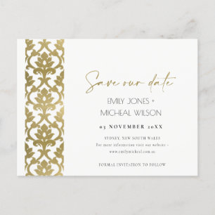 CLASSIC GOLD DAMASK FLORAL PATTERN SAVE THE DATE ANNOUNCEMENT POSTCARD