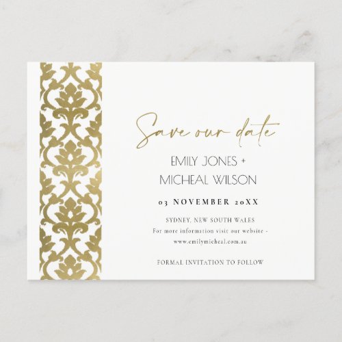 CLASSIC GOLD DAMASK FLORAL PATTERN SAVE THE DATE ANNOUNCEMENT POSTCARD