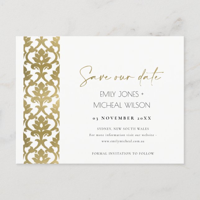 CLASSIC GOLD DAMASK FLORAL PATTERN SAVE THE DATE ANNOUNCEMENT POSTCARD (Front)