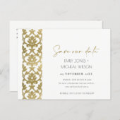 CLASSIC GOLD DAMASK FLORAL PATTERN SAVE THE DATE ANNOUNCEMENT POSTCARD (Front/Back)