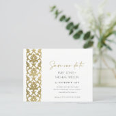 CLASSIC GOLD DAMASK FLORAL PATTERN SAVE THE DATE ANNOUNCEMENT POSTCARD (Standing Front)