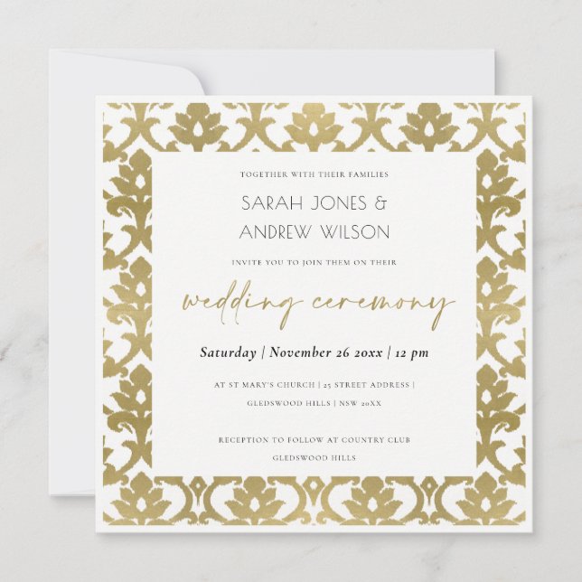 CLASSIC GOLD DAMASK FLORAL PATTERN WEDDING INVITATION (Front)