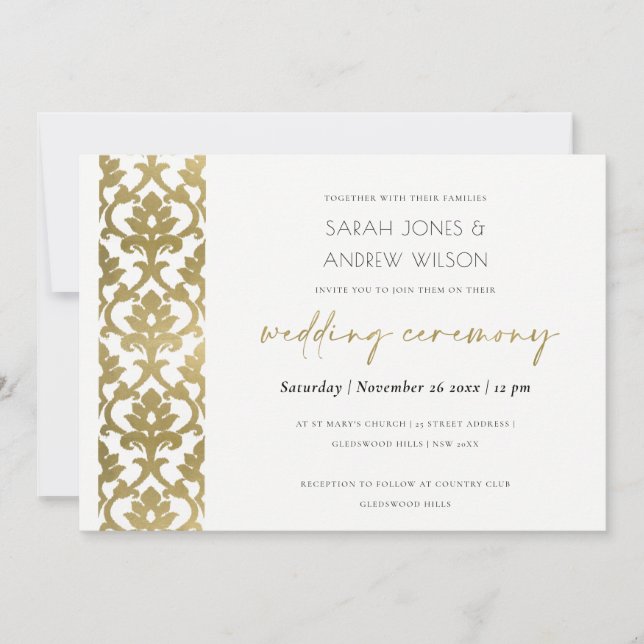 CLASSIC GOLD DAMASK FLORAL PATTERN WEDDING INVITATION (Front)