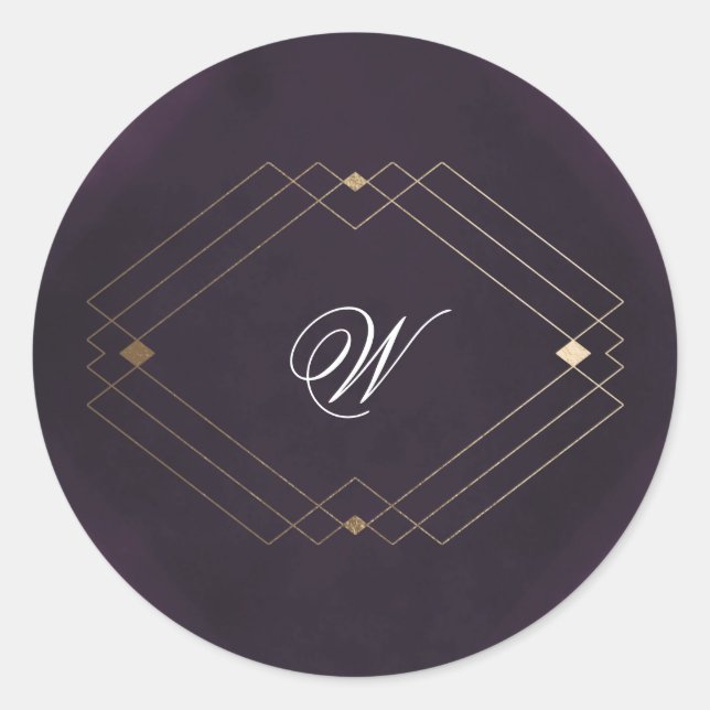 Classic Gold Deco Purple Calligraphy Monogram Classic Round Sticker (Front)