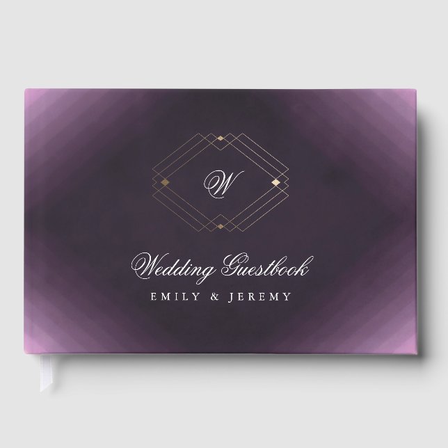Classic Gold Deco Purple Calligraphy Monogram Guest Book (Front)