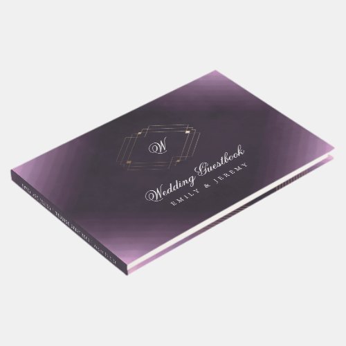 Classic Gold Deco Purple Calligraphy Monogram Guest Book