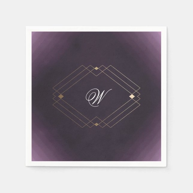 Classic Gold Deco Purple Calligraphy Monogram Napkins (Front)
