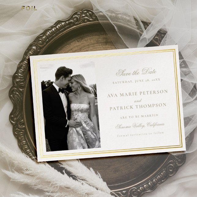 Classic Gold Double Frame Photo Wedding Save Date Foil Invitation (wedding photo save the date gold double frame formal modern classic traditional stately royal)