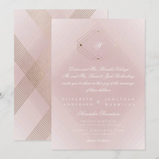 Classic Gold Dusty Rose Pink Monogram Wedding Invitation (Front/Back)