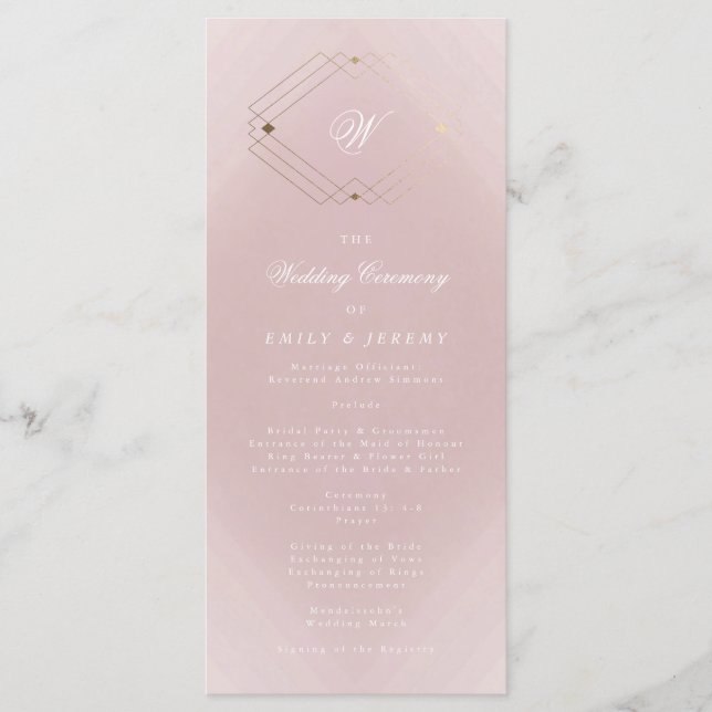 Classic Gold Dusty Rose Pink Monogram Wedding Program (Front)