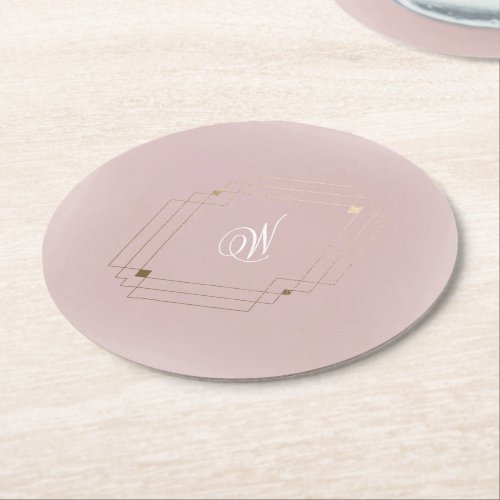 Classic Gold Dusty Rose Pink Monogram Wedding Round Paper Coaster