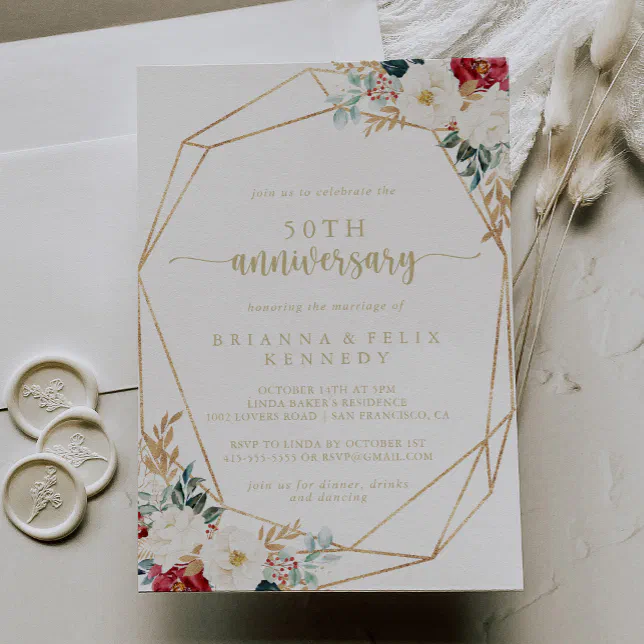 Classic Gold Floral 50th Wedding Anniversary Invitation | Zazzle