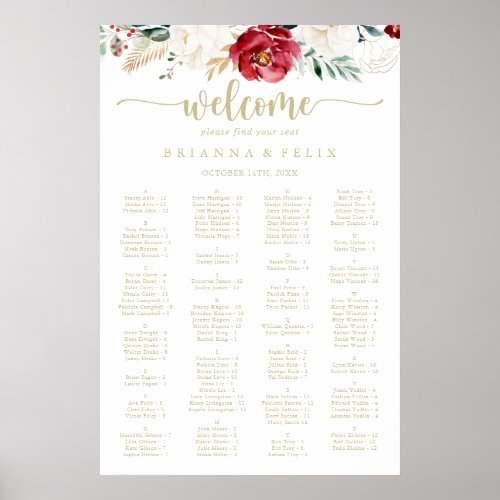 Classic Gold Floral Alphabetical Seating Chart
