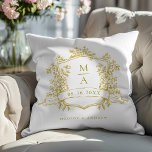 Classic Gold Floral Crest Monogram Wedding Throw Pillow<br><div class="desc">Elegant gold floral crest wedding throw pillow with monograms,  perfect for a modern classic or romantic vintage wedding. For more advanced customization of this design,  please click the BLUE DESIGN TOOL BUTTON above! Matching items are also available.</div>