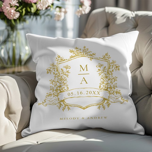 Classic Gold Floral Crest Monogram Wedding Throw Pillow (Creator Uploaded)