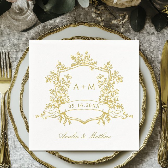 Classic Gold Floral Crest Monograms Wedding Napkins (Creator Uploaded)