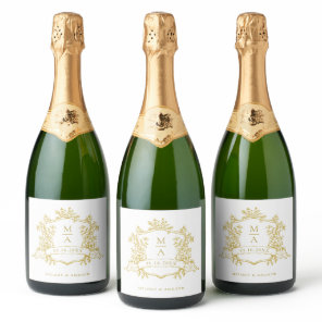 Classic Gold Floral Crest Monograms Wedding Sparkling Wine Label