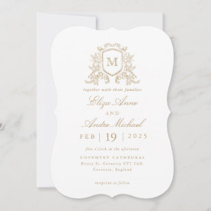 Classic Gold Floral Monogram Crest Wedding Invitation