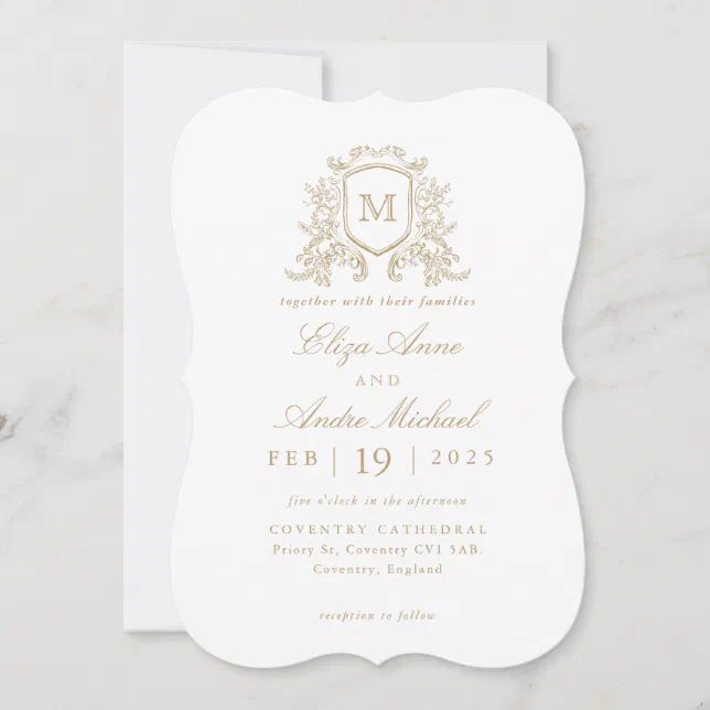 Classic Gold Floral Monogram Crest Wedding Invitation | Zazzle
