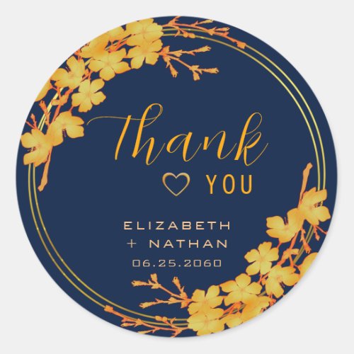 Classic Gold Floral Navy Blue Wedding Thank You Classic Round Sticker