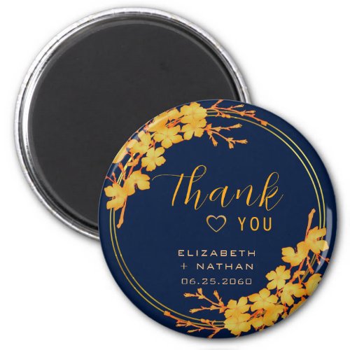 Classic Gold Floral Navy Blue Wedding Thank You Magnet