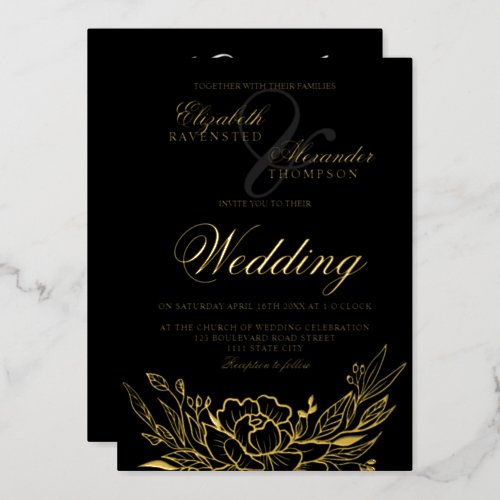 Classic gold floral peonies black wedding foil invitation