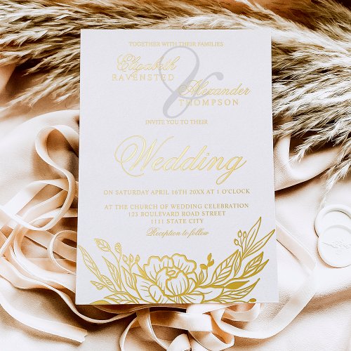 Classic gold floral peonies white wedding foil invitation