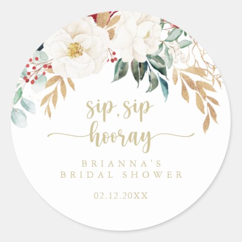 Classic Gold Floral Sip Sip Hooray Bridal Shower  Classic Round Sticker