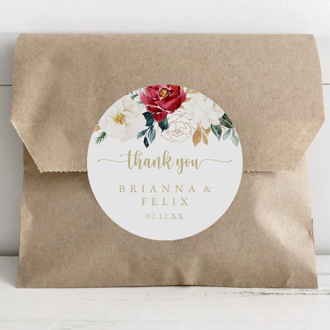 Classic Gold Floral Thank You Wedding Favor Round Sticker (Creator Uploaded)