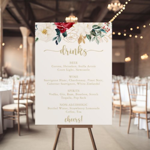 Classic Gold Floral Wedding Drinks Menu  Poster