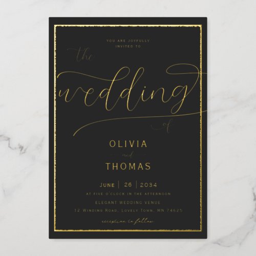 Classic Gold Flourish Calligraphy Charcoal Wedding Foil Invitation