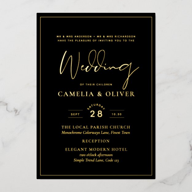 Classic GOLD FOIL Black Elegant Classic Wedding  F Foil Invitation