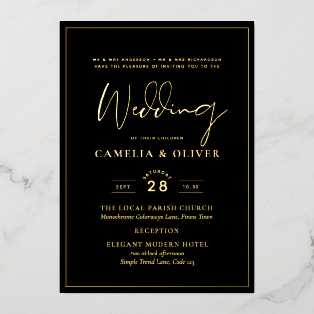 Classic GOLD FOIL Black Elegant Classic Wedding  F Foil Invitation (Front)