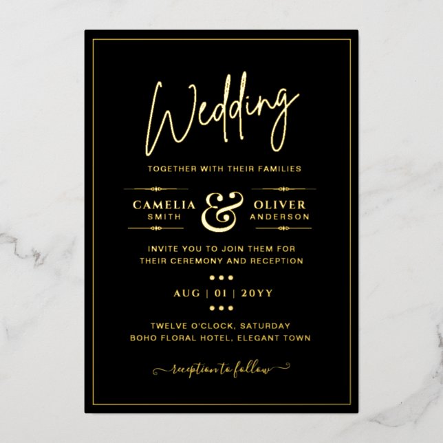 Classic GOLD FOIL Black Elegant Classic Wedding Fo Foil Invitation (Front)