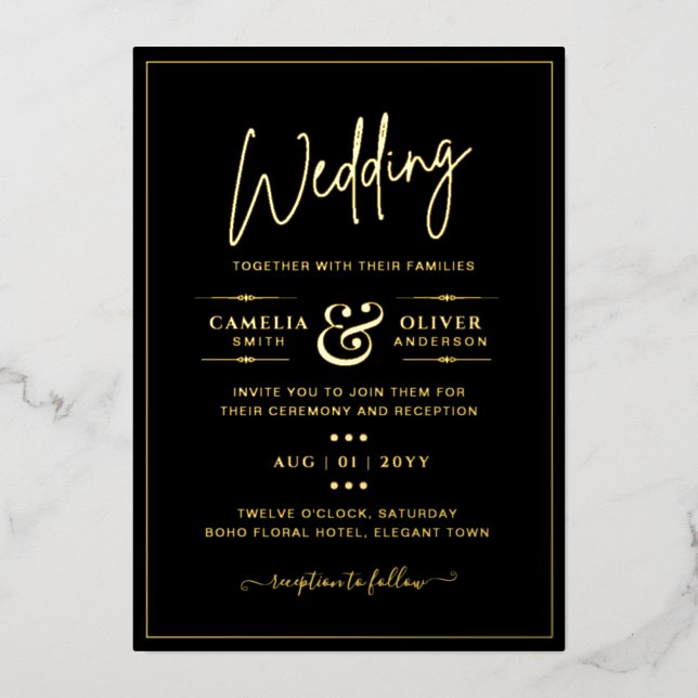 Classic GOLD FOIL Black Elegant Classic Wedding Fo Invitation (Front)