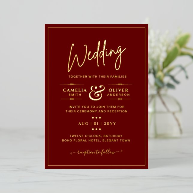 Classic GOLD FOIL Burgundy Elegant Classic Wedding Invitation (Standing Front)
