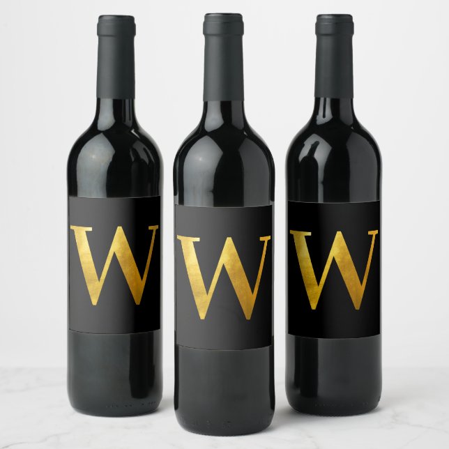 Classic Gold Foil Monogram W on Black Wine Label (Bottles)