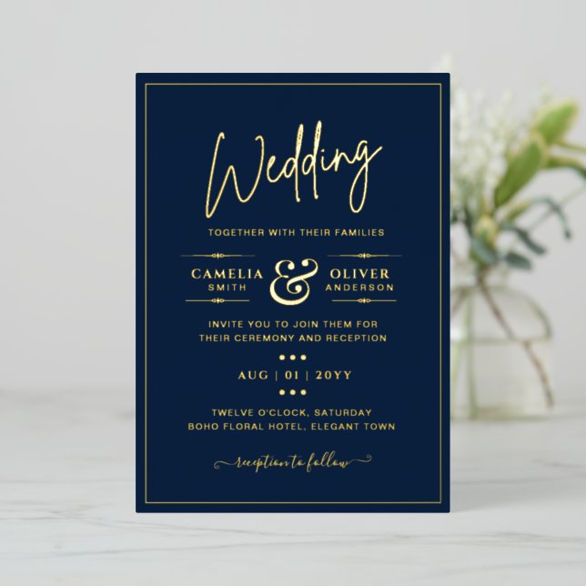Classic GOLD FOIL Navy Elegant Classic Wedding Foil Invitation (Standing Front)