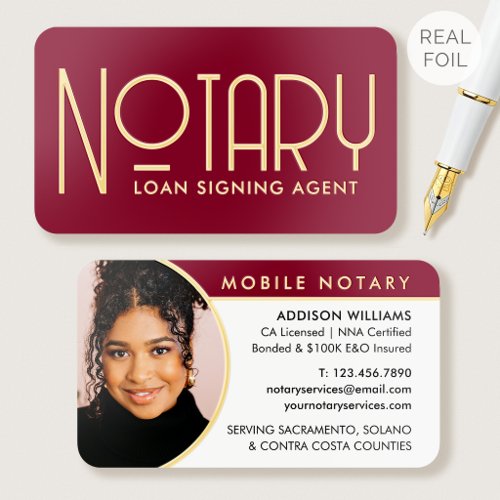 Classic Gold Foil Notary Public Photo ID Burgundy Business Cards