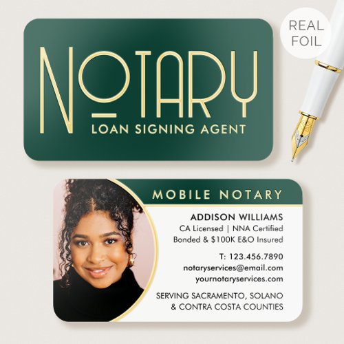 Classic Gold Foil Notary Public Photo ID Green Business Cards