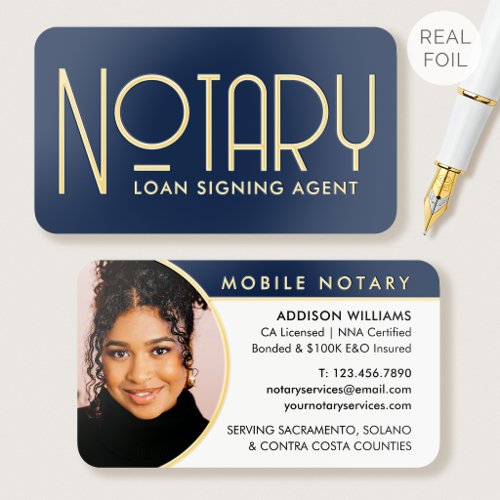 Classic Gold Foil Notary Public Photo ID Navy Blue Business Cards