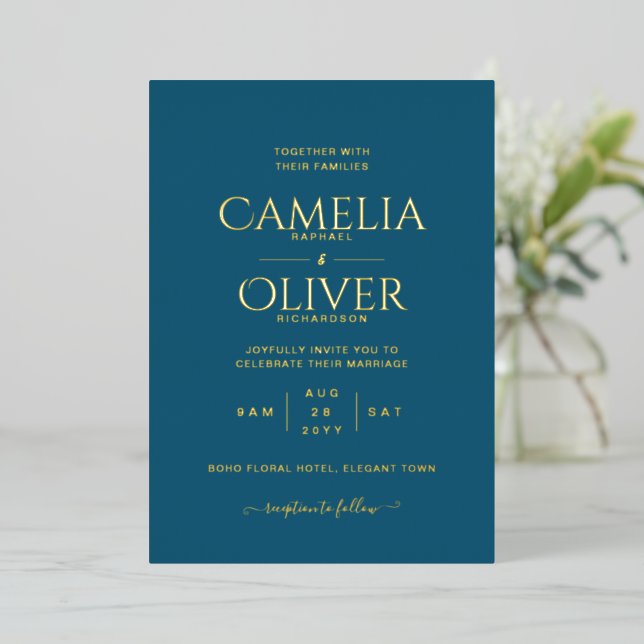 Classic GOLD FOIL Peacock Blue Wedding Elegant Invitation (Standing Front)