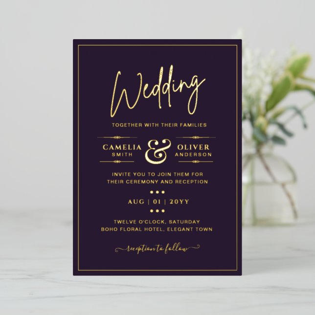 Classic GOLD FOIL Plum Elegant Classic Wedding Invitation (Standing Front)