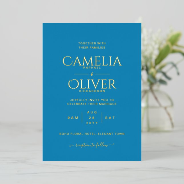 Classic GOLD FOIL Sky Blue Wedding Elegant Foil Invitation (Standing Front)