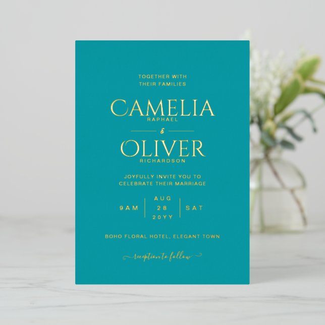 Classic GOLD FOIL Teal Wedding Elegant Invitation (Standing Front)