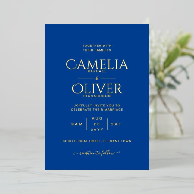 Classic GOLD FOIL Text Blue Wedding Elegant Invitation (Standing Front)