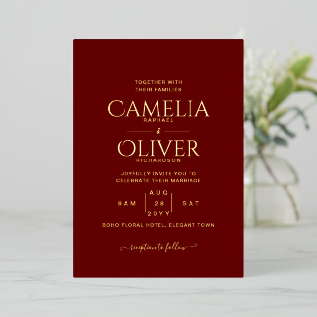 Classic GOLD FOIL Text Burgundy Wedding Elegant Invitation (Standing Front)