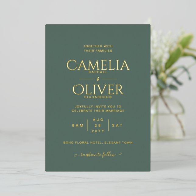 Classic GOLD FOIL Text Green Wedding Elegant Foil  Foil Invitation (Standing Front)