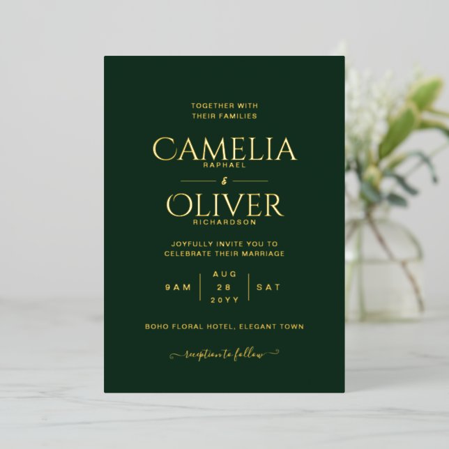 Classic GOLD FOIL Text Green Wedding Elegant Foil Invitation (Standing Front)